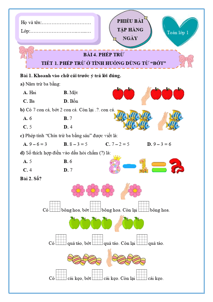 Bài tập hàng ngày Toán lớp 1 Chân trời Phép trừ