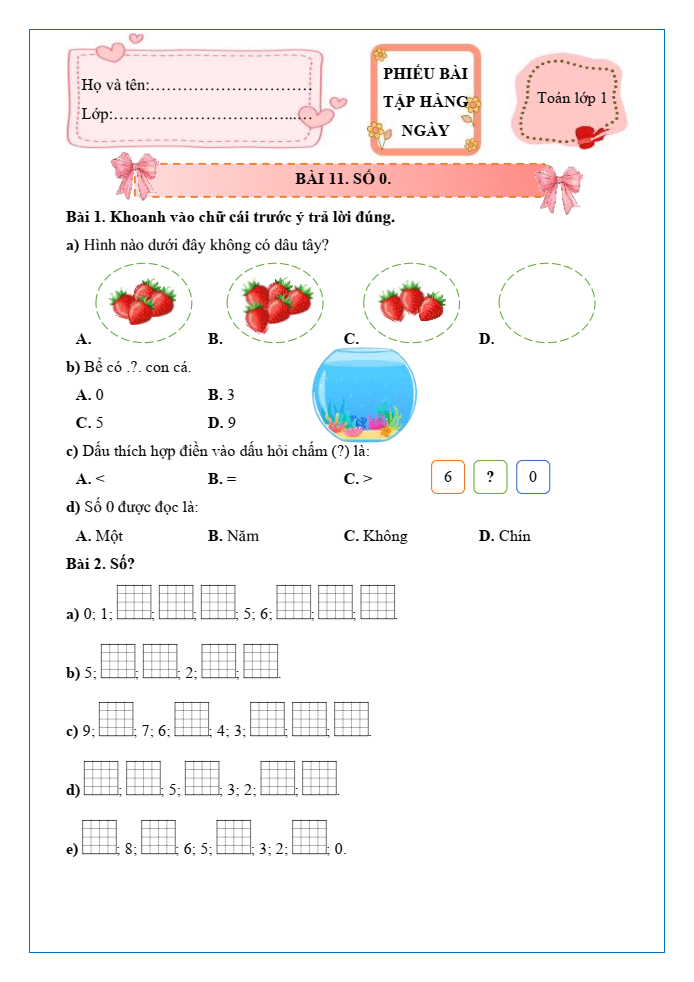 Bài tập hàng ngày Toán lớp 1 Chân trời Số 0