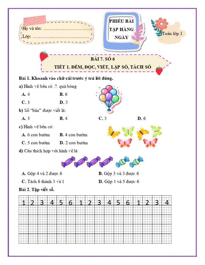 Bài tập hàng ngày Toán lớp 1 Chân trời Số 6