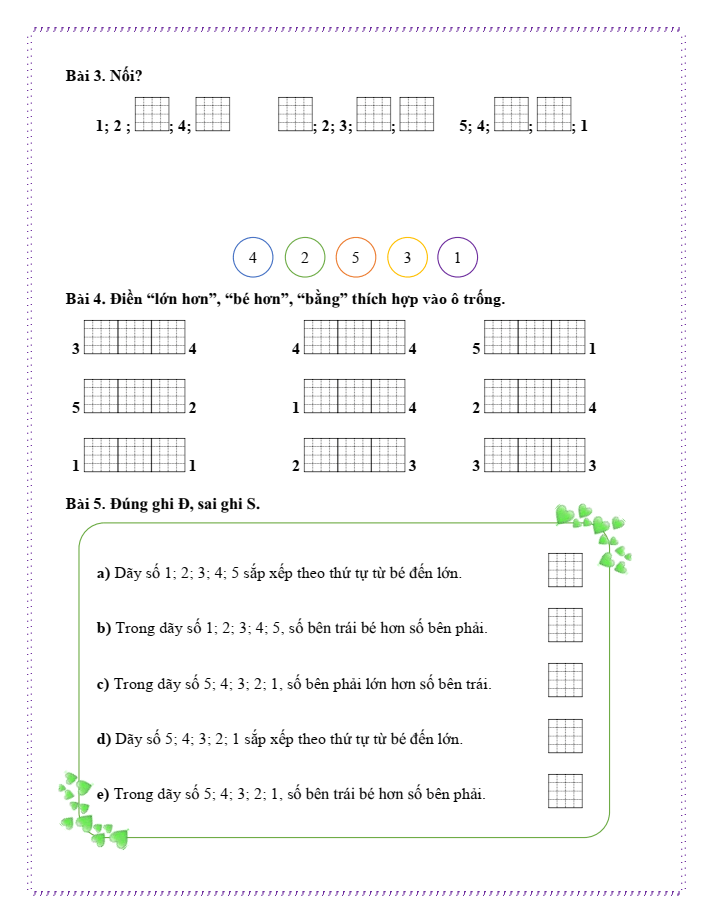 Bài tập hàng ngày Toán lớp 1 Chân trời So sánh các số: bằng, lớn hơn, bé hơn