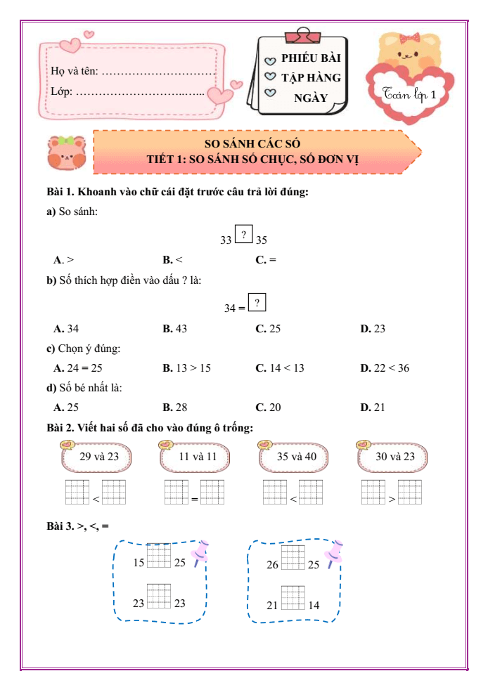Bài tập hàng ngày Toán lớp 1 Chân trời So sánh các số