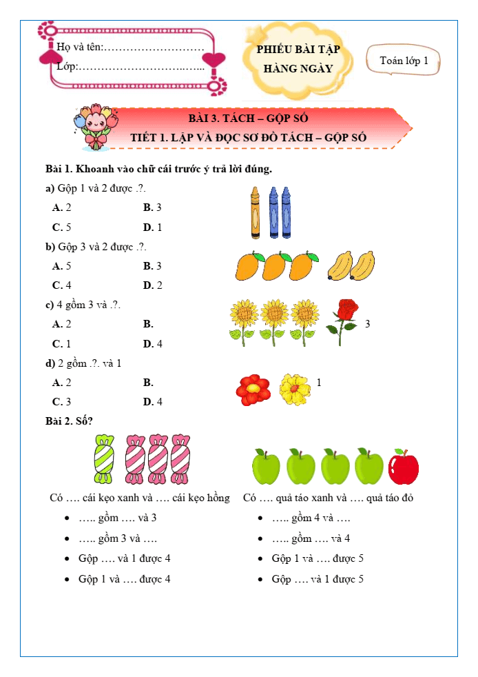 Bài tập hàng ngày Toán lớp 1 Chân trời Tách - Gộp số