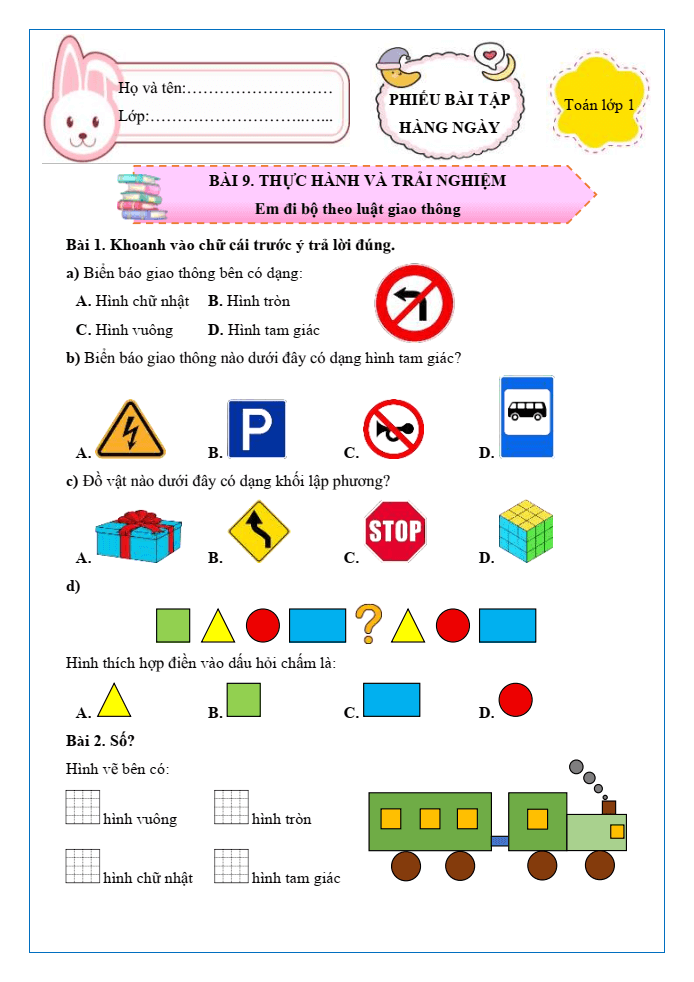 Bài tập hàng ngày Toán lớp 1 Chân trời Thực hành và trải nghiệm: Em đi bộ theo luật giao thông