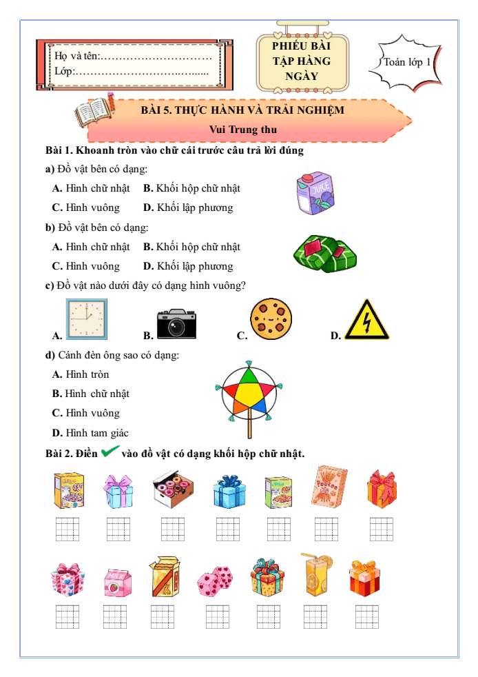 Bài tập hàng ngày Toán lớp 1 Chân trời Thực hành và trải nghiệm: Vui Trung thu