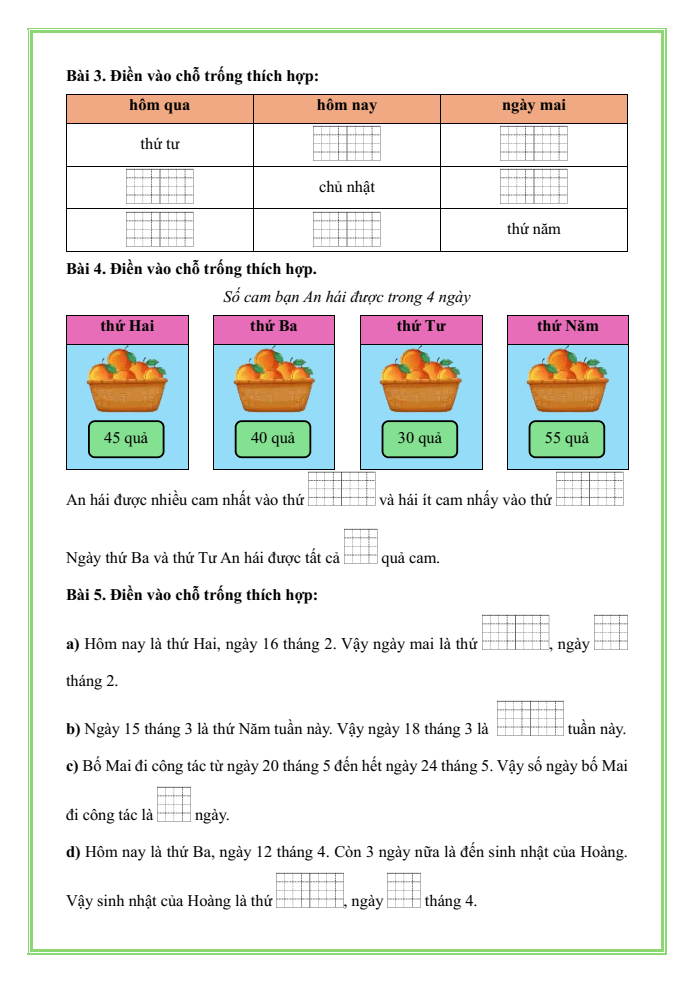 Bài tập hàng ngày Toán lớp 1 Chân trời Tờ lịch của em