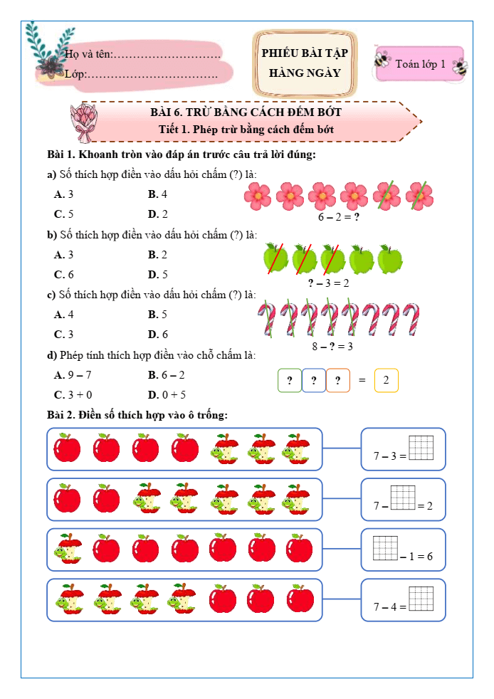 Bài tập hàng ngày Toán lớp 1 Chân trời Trừ bằng cách đếm bớt