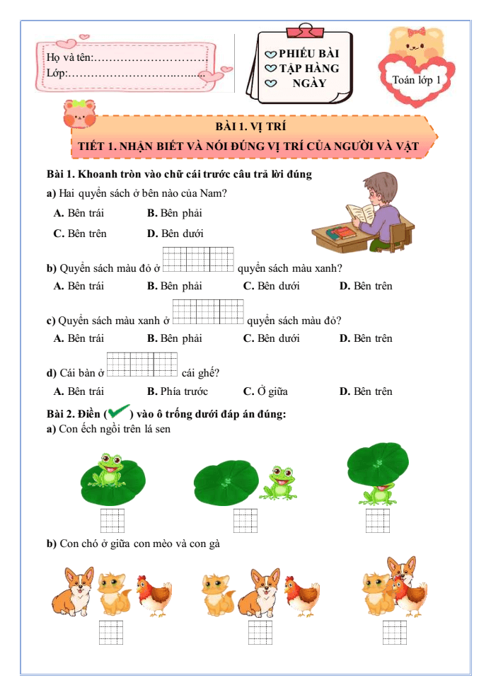 Bài tập hàng ngày Toán lớp 1 Chân trời Vị trí