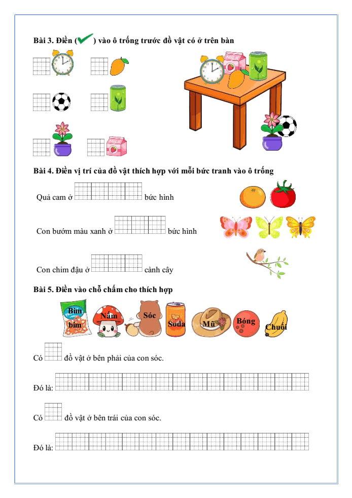 Bài tập hàng ngày Toán lớp 1 Chân trời Vị trí