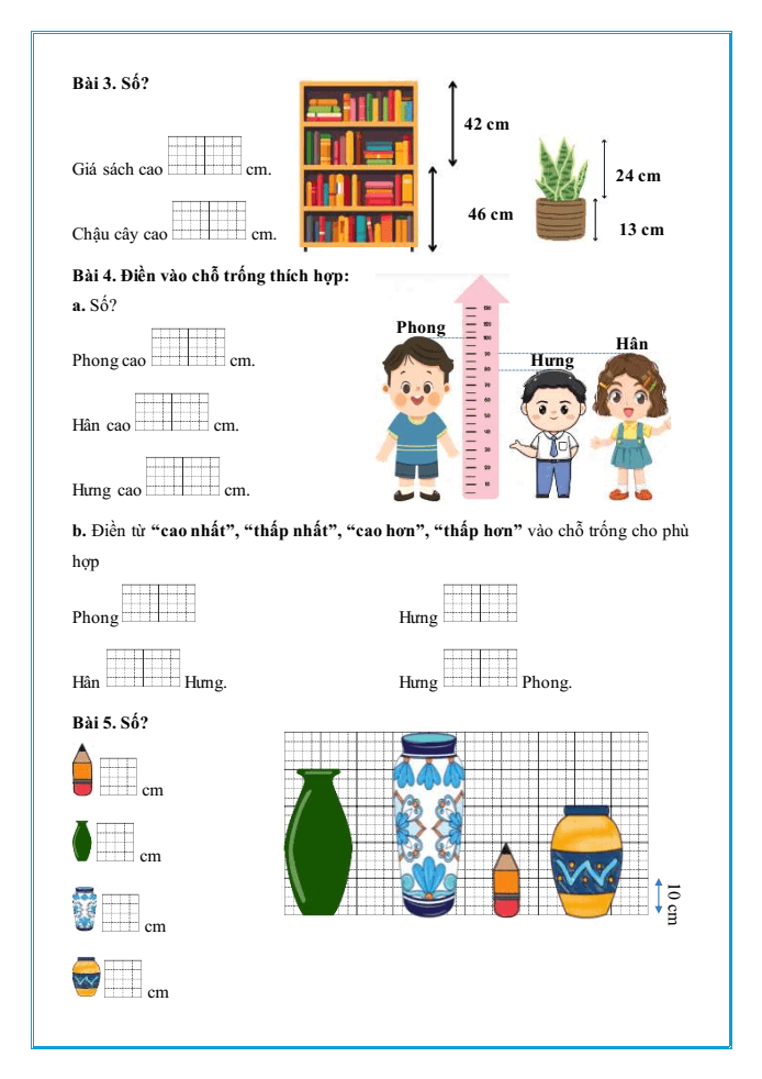 Bài tập hàng ngày Toán lớp 1 Chân trời Xăng-ti-mét. Đơn vị đo độ dài