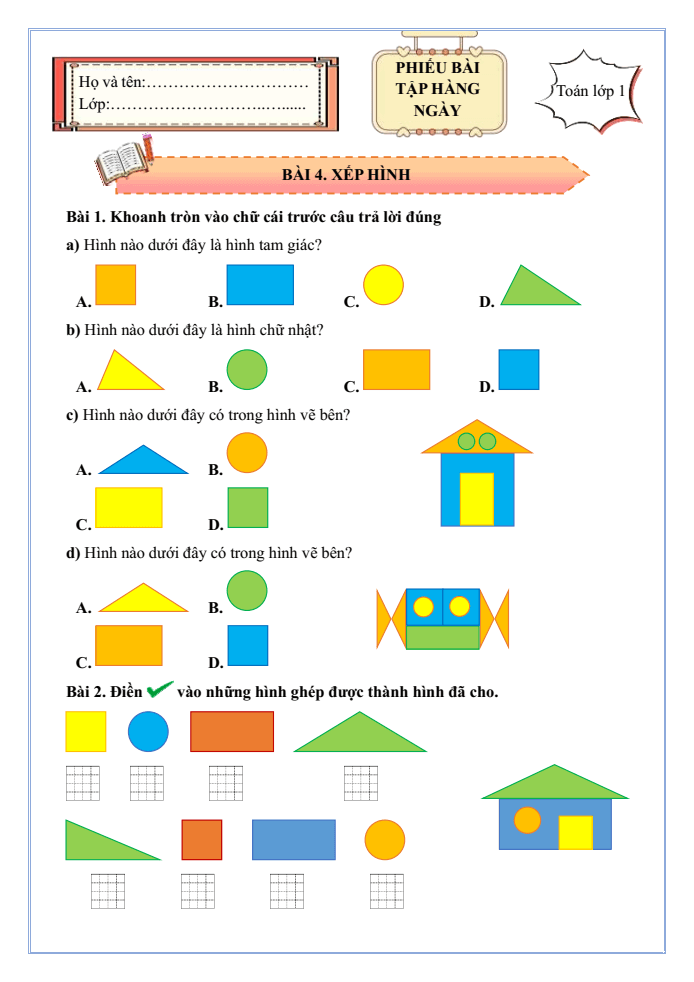 Bài tập hàng ngày Toán lớp 1 Chân trời Xếp hình