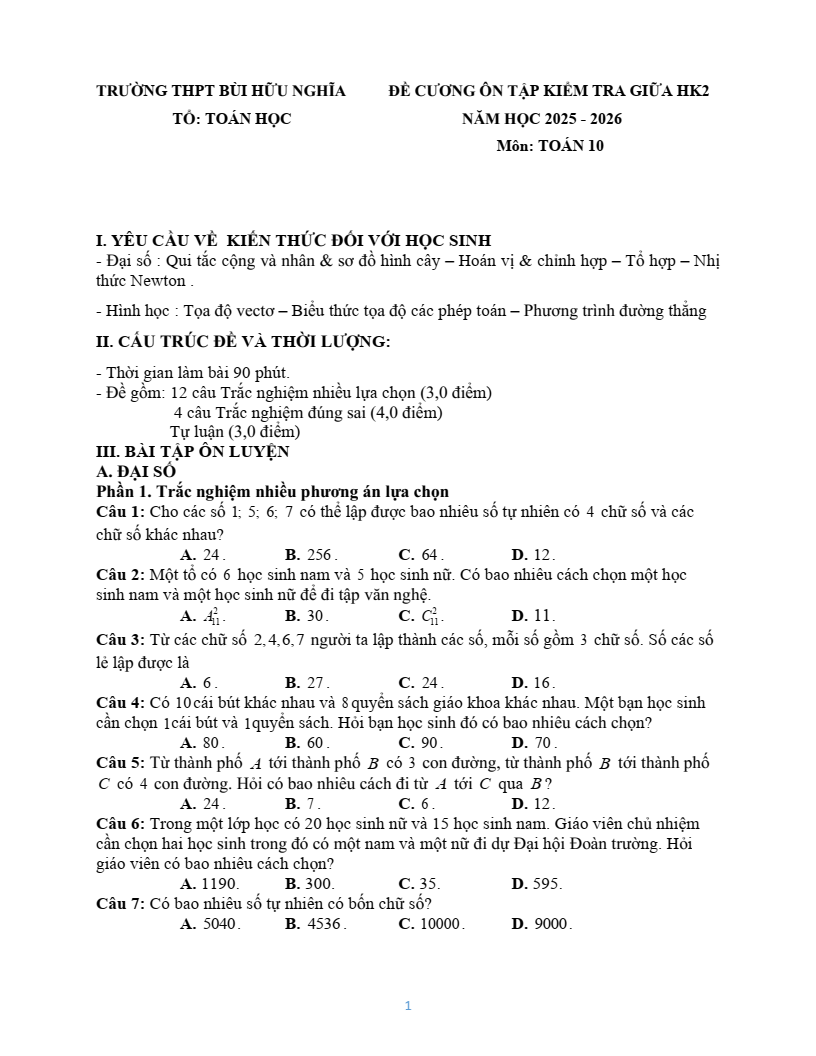 Đề cương ôn tập Giữa kì 2 Toán 10 trường THPT Bùi Hữu Nghĩa (Cần Thơ) năm 2025-2026
