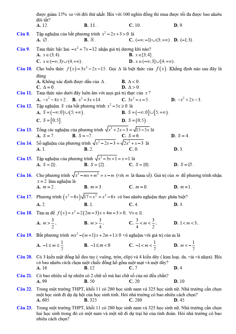 Đề cương ôn tập Giữa kì 2 Toán 10 trường THPT Hoàng Văn Thụ (Hà Nội) năm 2025-2026