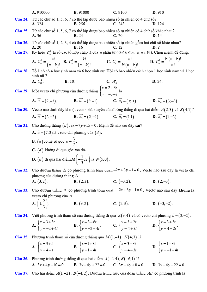 Đề cương ôn tập Giữa kì 2 Toán 10 trường THPT Hoàng Văn Thụ (Hà Nội) năm 2025-2026