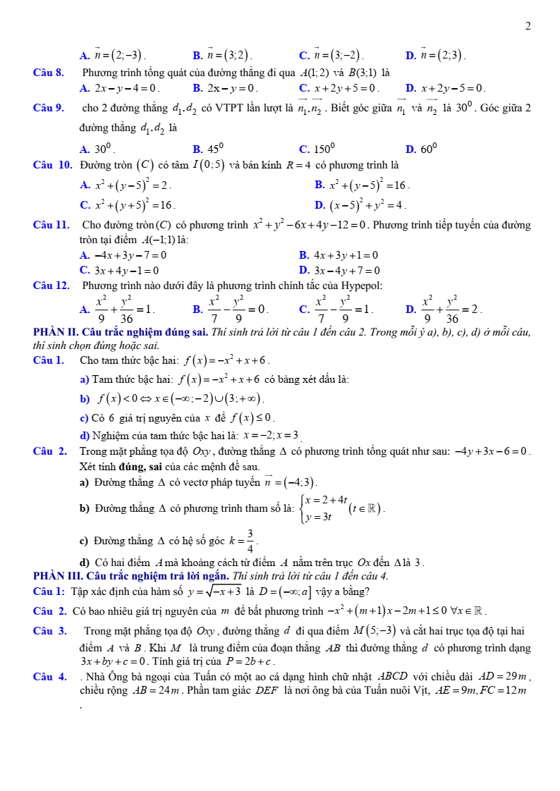 Đề cương ôn tập Giữa kì 2 Toán 10 trường THPT Số 2 Nguyễn Bỉnh Khiêm (Gia Lai) năm 2025-2026