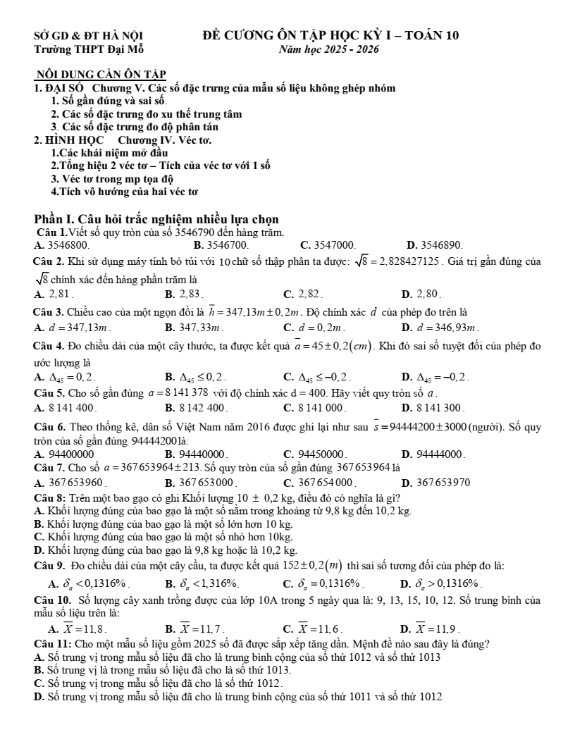 Đề cương ôn tập Học kì 1 Toán 10 trường THPT Đại Mỗ năm 2025-2026