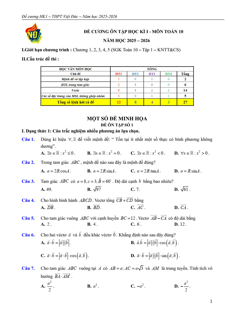 Đề cương ôn tập Học kì 1 Toán 10 trường THPT Việt Đức năm 2025-2026