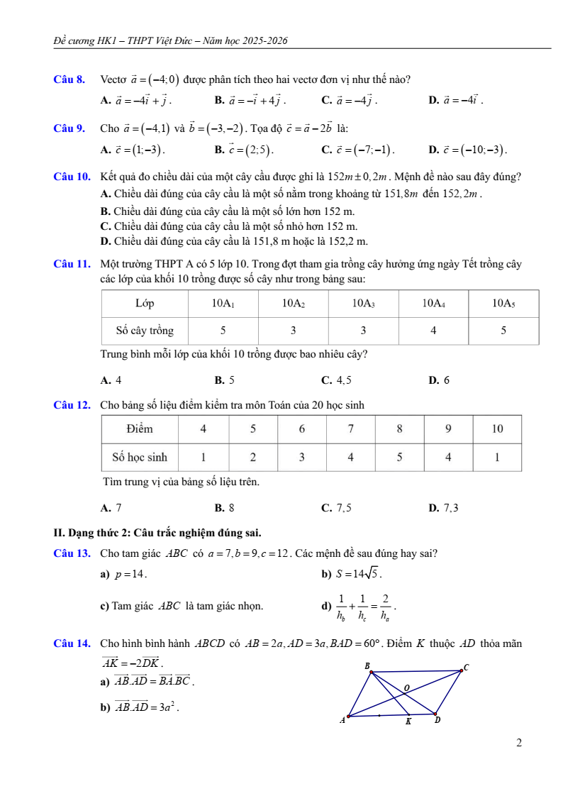 Đề cương ôn tập Học kì 1 Toán 10 trường THPT Việt Đức năm 2025-2026