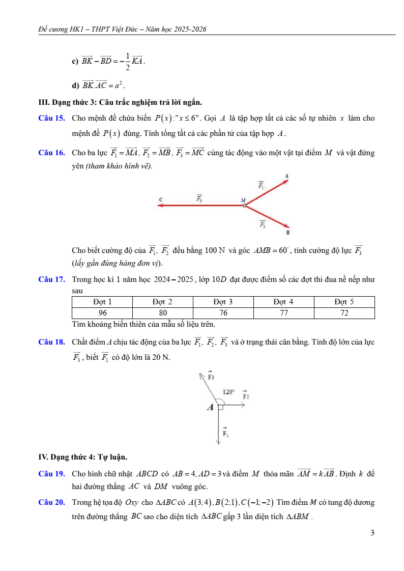 Đề cương ôn tập Học kì 1 Toán 10 trường THPT Việt Đức năm 2025-2026