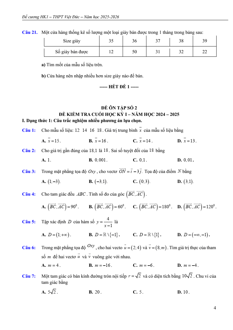 Đề cương ôn tập Học kì 1 Toán 10 trường THPT Việt Đức năm 2025-2026