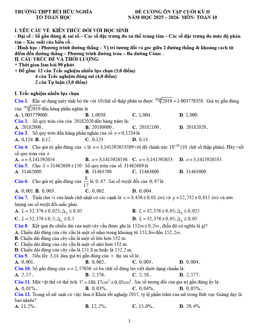 Đề cương ôn tập Học kì 2 Toán 10 trường THPT Bùi Hữu Nghĩa (Cần Thơ) năm 2025-2026