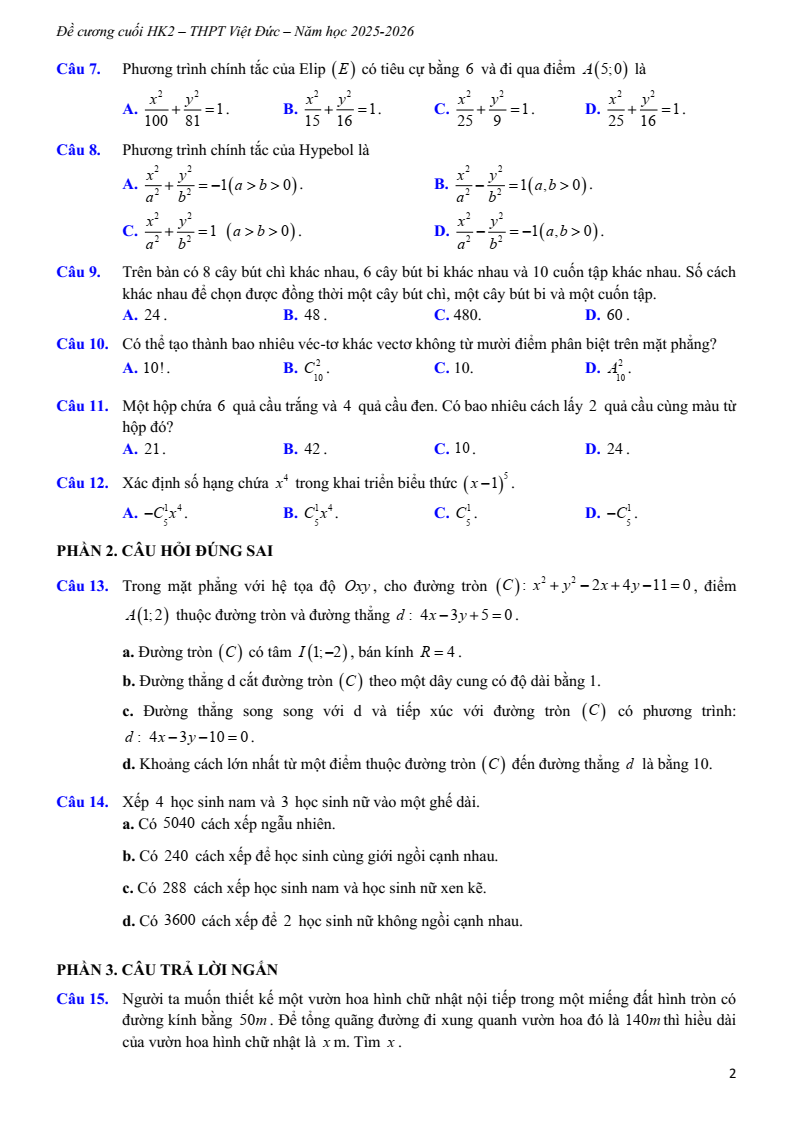 Đề cương ôn tập Học kì 2 Toán 10 trường THPT Việt Đức (Hà Nội) năm 2025-2026