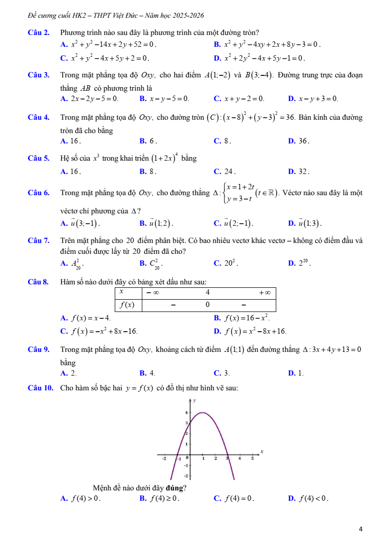 Đề cương ôn tập Học kì 2 Toán 10 trường THPT Việt Đức (Hà Nội) năm 2025-2026