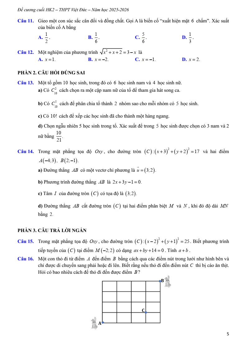 Đề cương ôn tập Học kì 2 Toán 10 trường THPT Việt Đức (Hà Nội) năm 2025-2026