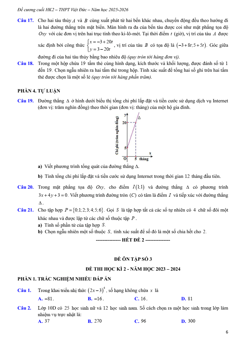 Đề cương ôn tập Học kì 2 Toán 10 trường THPT Việt Đức (Hà Nội) năm 2025-2026
