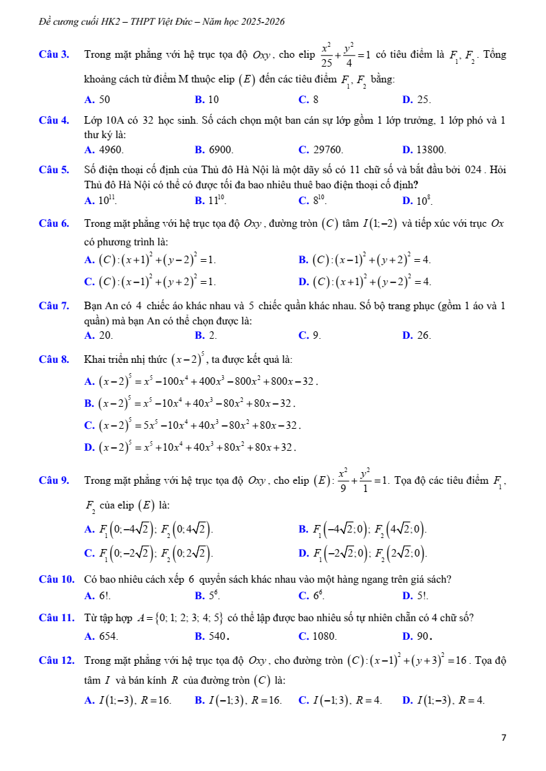 Đề cương ôn tập Học kì 2 Toán 10 trường THPT Việt Đức (Hà Nội) năm 2025-2026