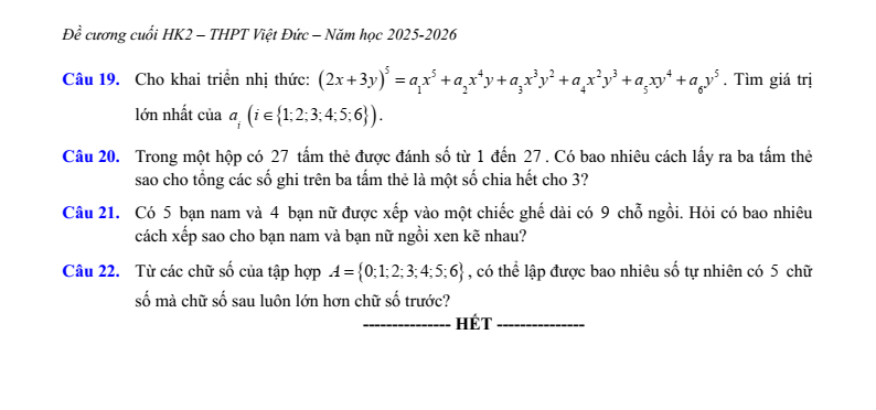 Đề cương ôn tập Học kì 2 Toán 10 trường THPT Việt Đức (Hà Nội) năm 2025-2026
