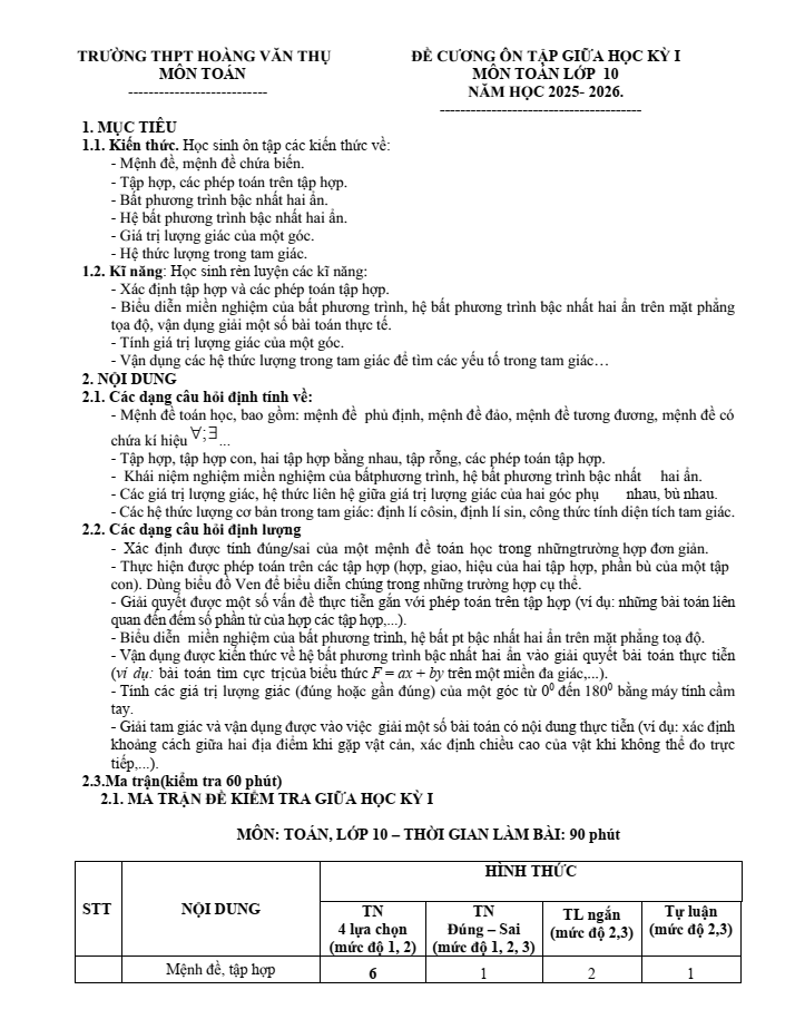 Đề cương ôn tập Giữa kì 1 Toán 10 trường THPT Hoàng Văn Thụ năm 2025-2026