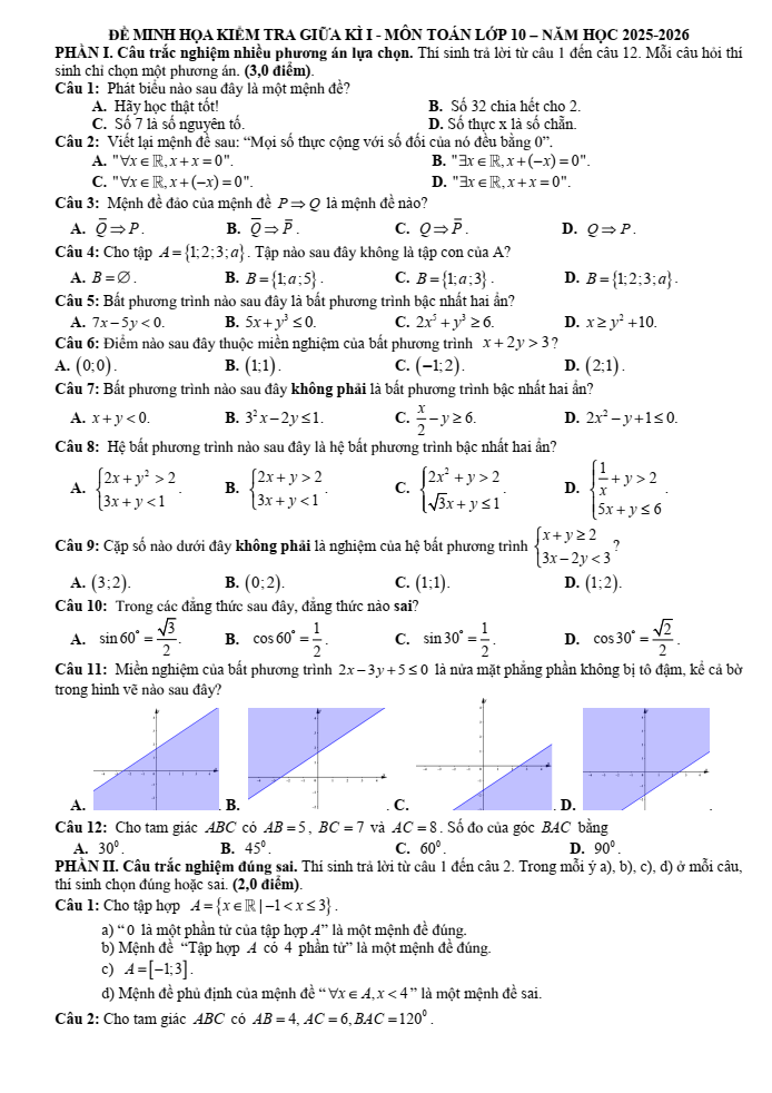 Đề cương ôn tập Giữa kì 1 Toán 10 trường THPT Hướng Hóa năm 2025-2026