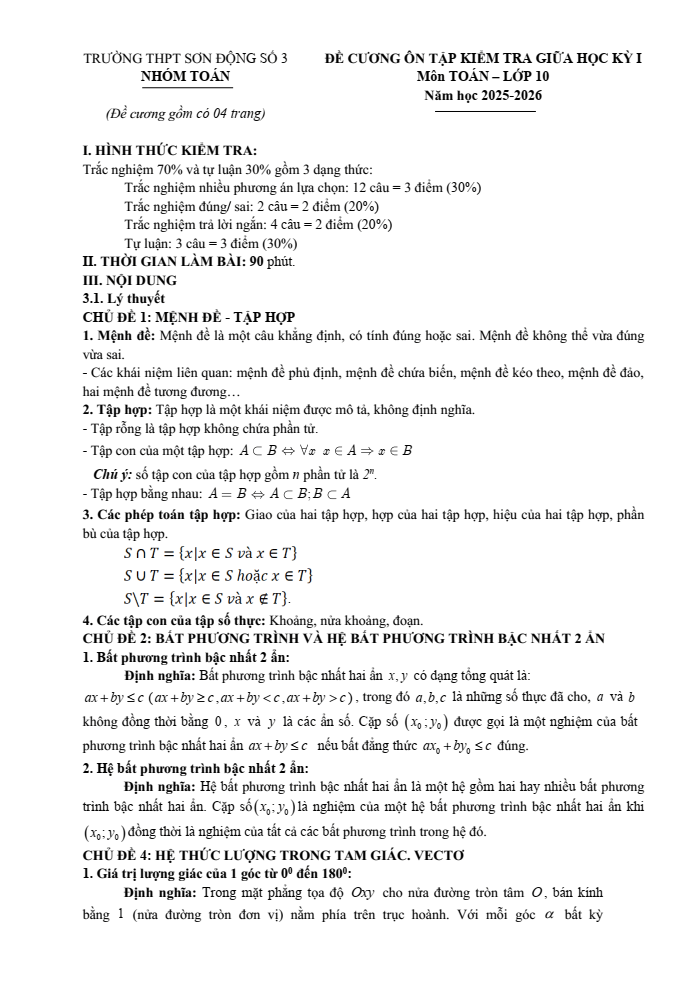 Đề cương ôn tập Giữa kì 1 Toán 10 trường THPT Sơn Động số 3 năm 2025-2026