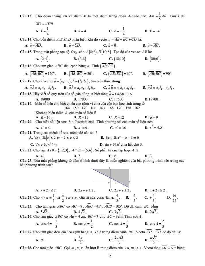 Đề cương ôn tập Học kì 1 Toán 10 trường THPT Nguyễn Bỉnh Khiêm năm 2024-2025