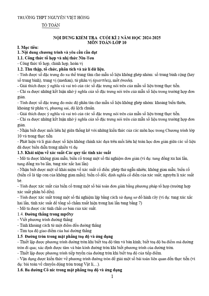 Đề cương ôn tập Học kì 2 Toán 10 trường THPT Nguyễn Việt Hồng năm 2024-2025