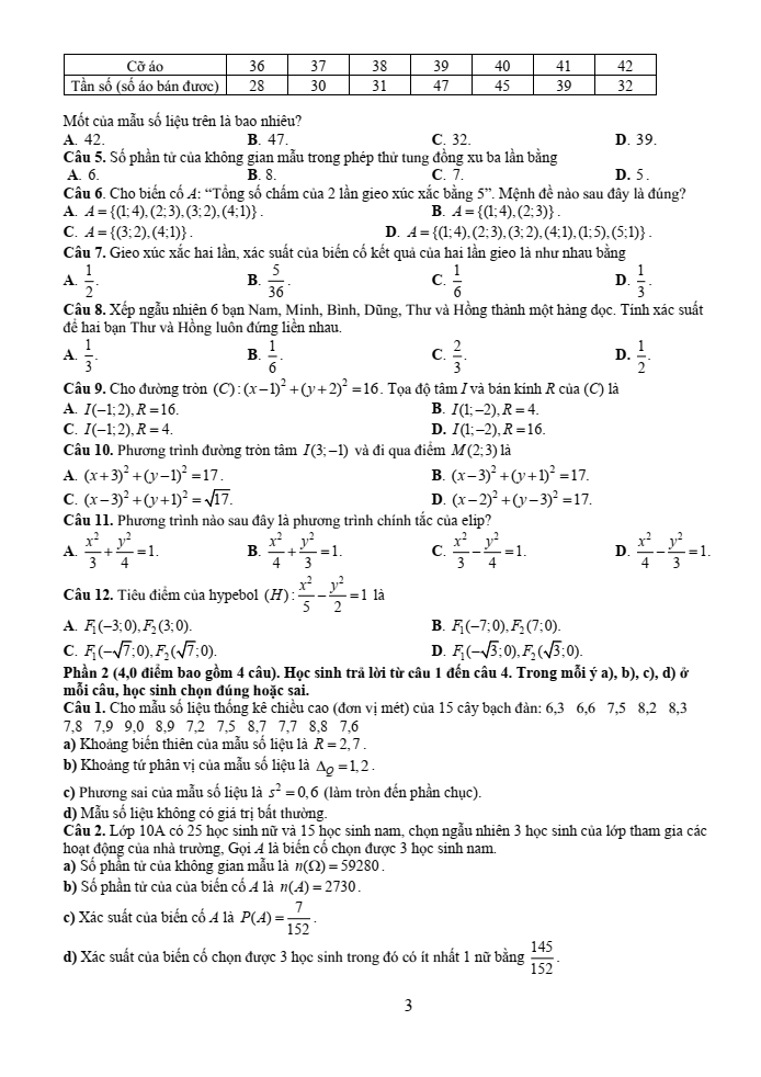 Đề cương ôn tập Học kì 2 Toán 10 trường THPT Nguyễn Việt Hồng năm 2024-2025