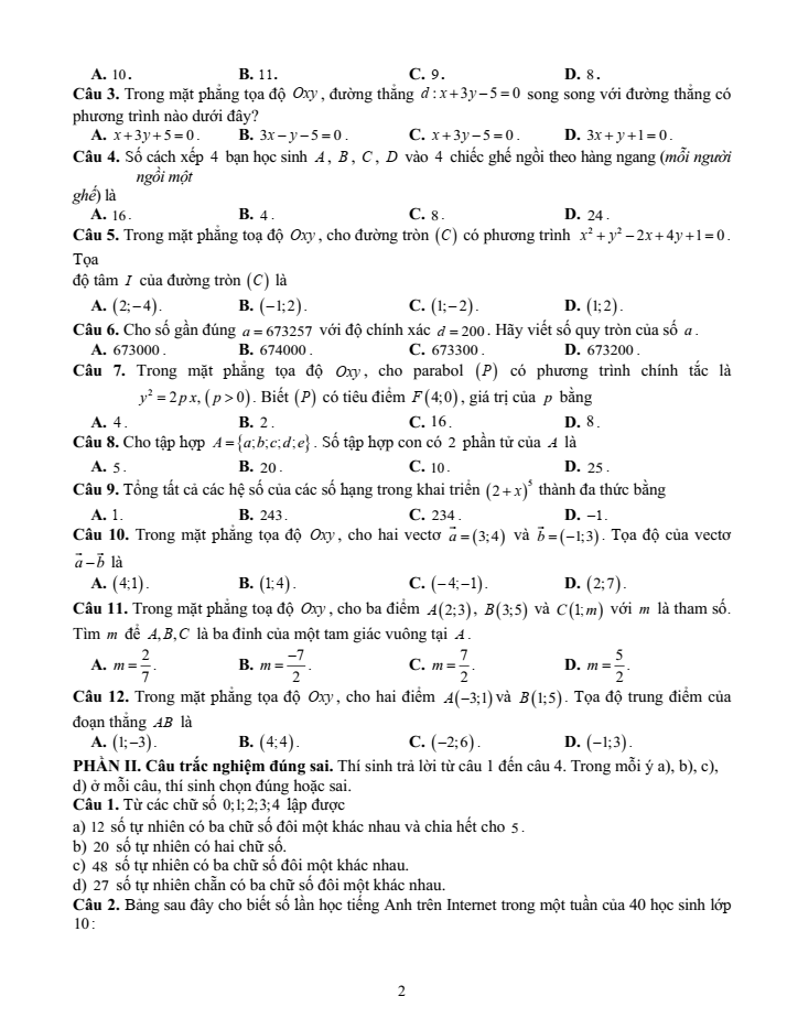 Đề cương ôn tập Học kì 2 Toán 10 trường THPT Sơn Động số 3 năm 2024-2025