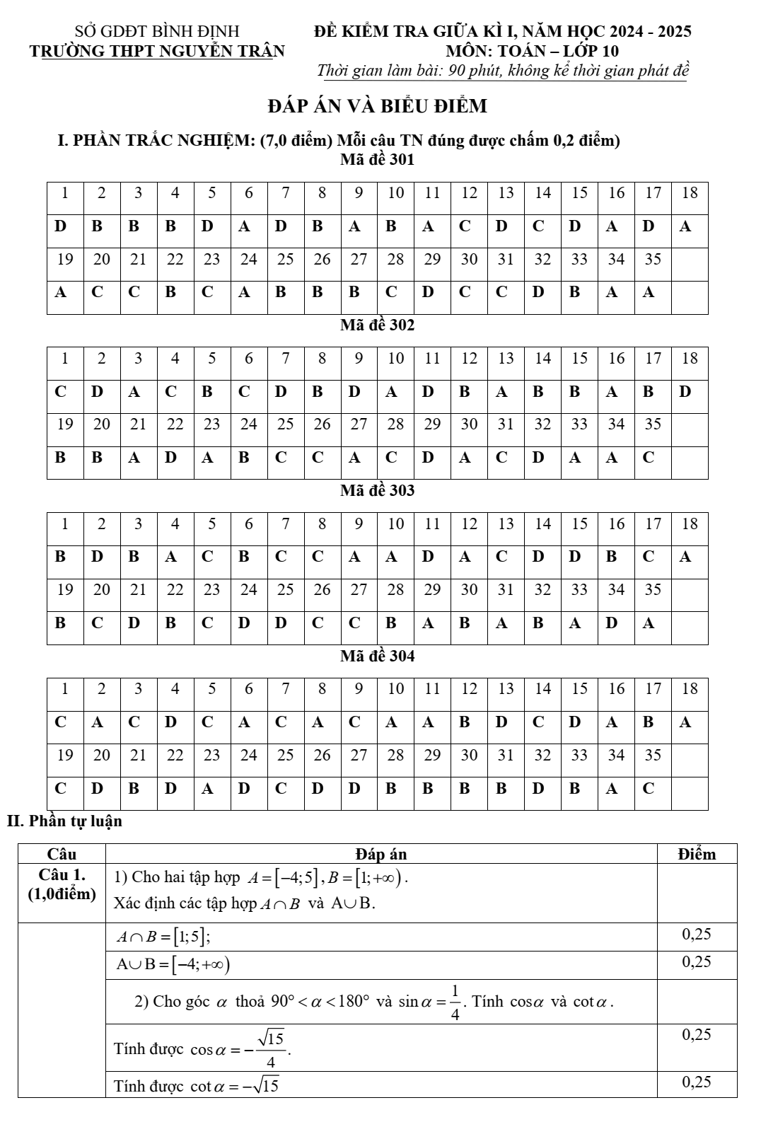 Đề thi Giữa kì 1 Toán 10 năm 2024-2025 trường THPT Nguyễn Trân (Bình Định)