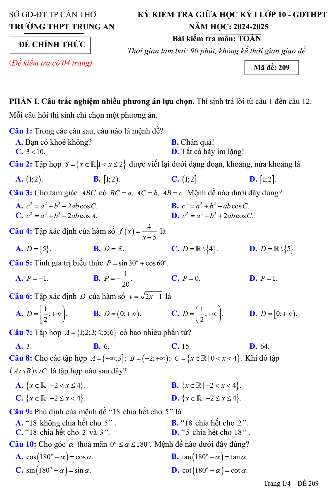 Đề thi Giữa kì 1 Toán 10 năm 2024-2025 trường THPT Trung An (Cần Thơ)