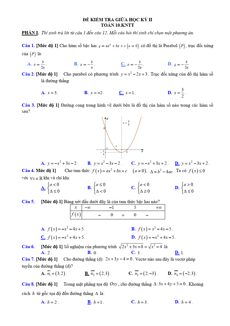 Đề thi Giữa kì 2 Toán 10 sở GD&ĐT Thanh Hóa năm 2024-2025