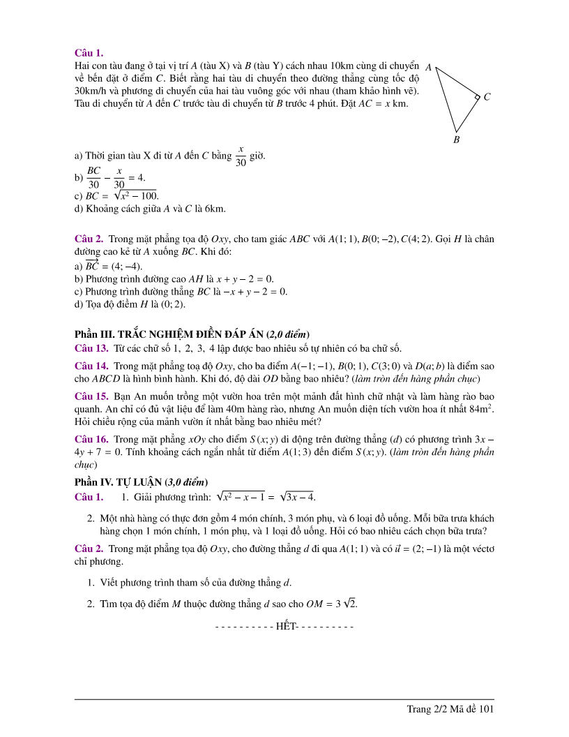 Đề thi Giữa kì 2 Toán 10 trường chuyên Lương Thế Vinh (Đồng Nai) năm 2024-2025