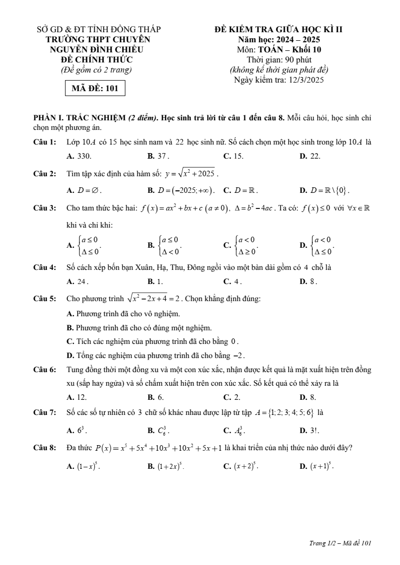 Đề thi Giữa kì 2 Toán 10 trường chuyên Nguyễn Đình Chiểu (Đồng Tháp) năm 2024-2025