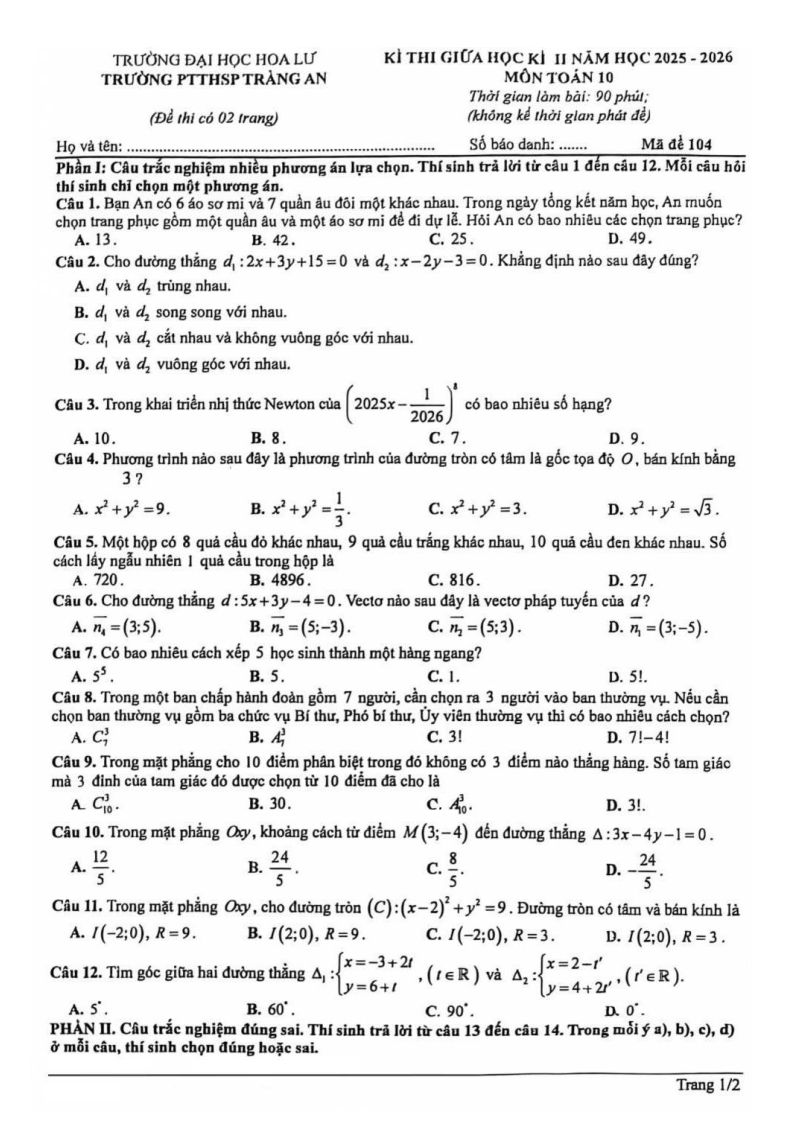 Đề thi Giữa kì 2 Toán 10 trường PTTHSP Tràng An (Ninh Bình) năm 2025-2026
