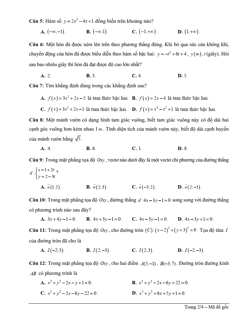 Đề thi Giữa kì 2 Toán 10 trường THPT Âu Cơ (Quảng Nam) năm 2024-2025