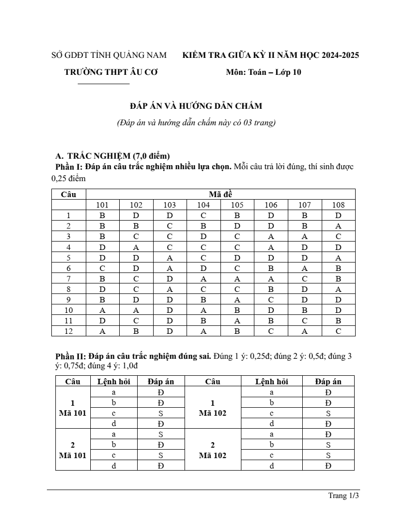 Đề thi Giữa kì 2 Toán 10 trường THPT Âu Cơ (Quảng Nam) năm 2024-2025
