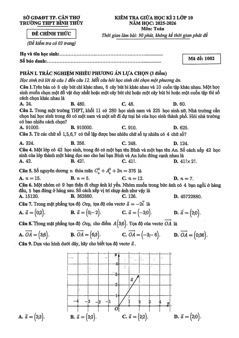 Đề thi Giữa kì 2 Toán 10 trường THPT Bình Thủy (Cần Thơ) năm 2025-2026