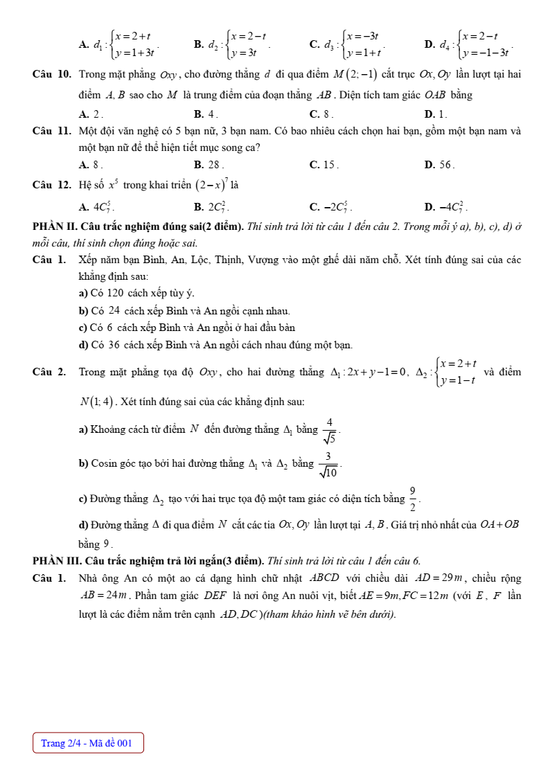Đề thi Giữa kì 2 Toán 10 trường THPT C Hải Hậu (Nam Định) năm 2024-2025