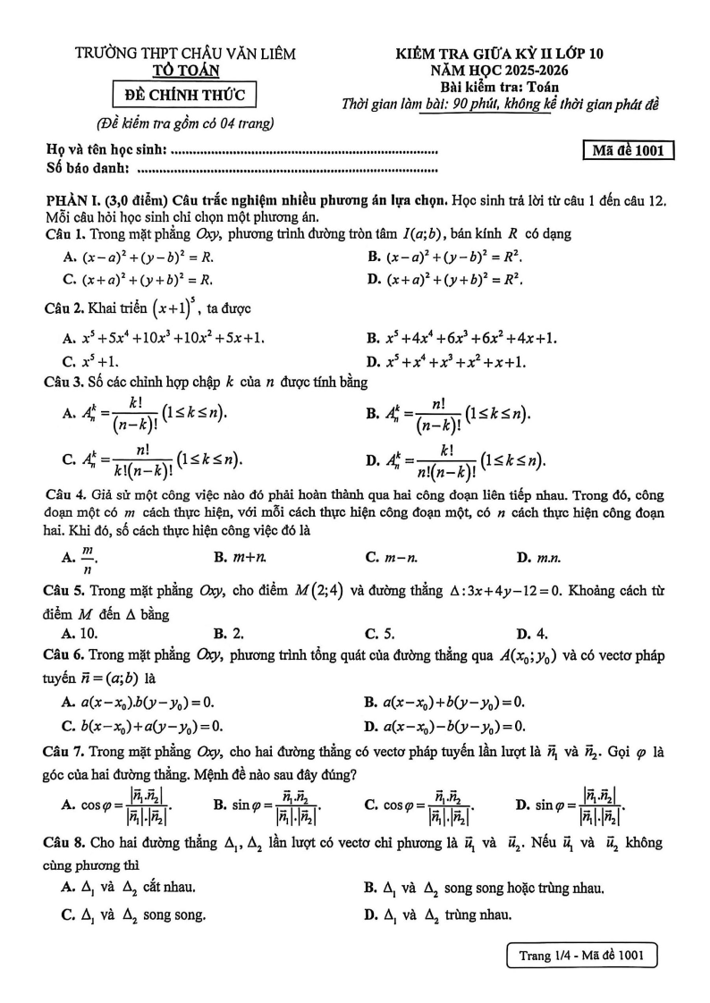 Đề thi Giữa kì 2 Toán 10 trường THPT Châu Văn Liêm (Cần Thơ) năm 2025-2026