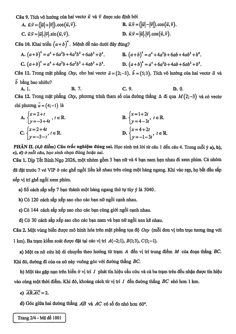 Đề thi Giữa kì 2 Toán 10 trường THPT Châu Văn Liêm (Cần Thơ) năm 2025-2026