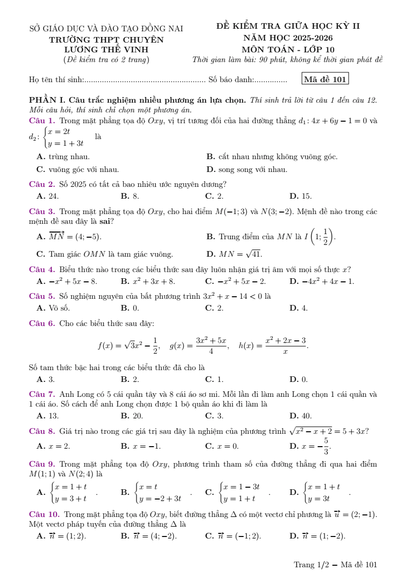 Đề thi Giữa kì 2 Toán 10 trường THPT Chuyên Lương Thế Vinh (Đồng Nai) năm 2025-2026